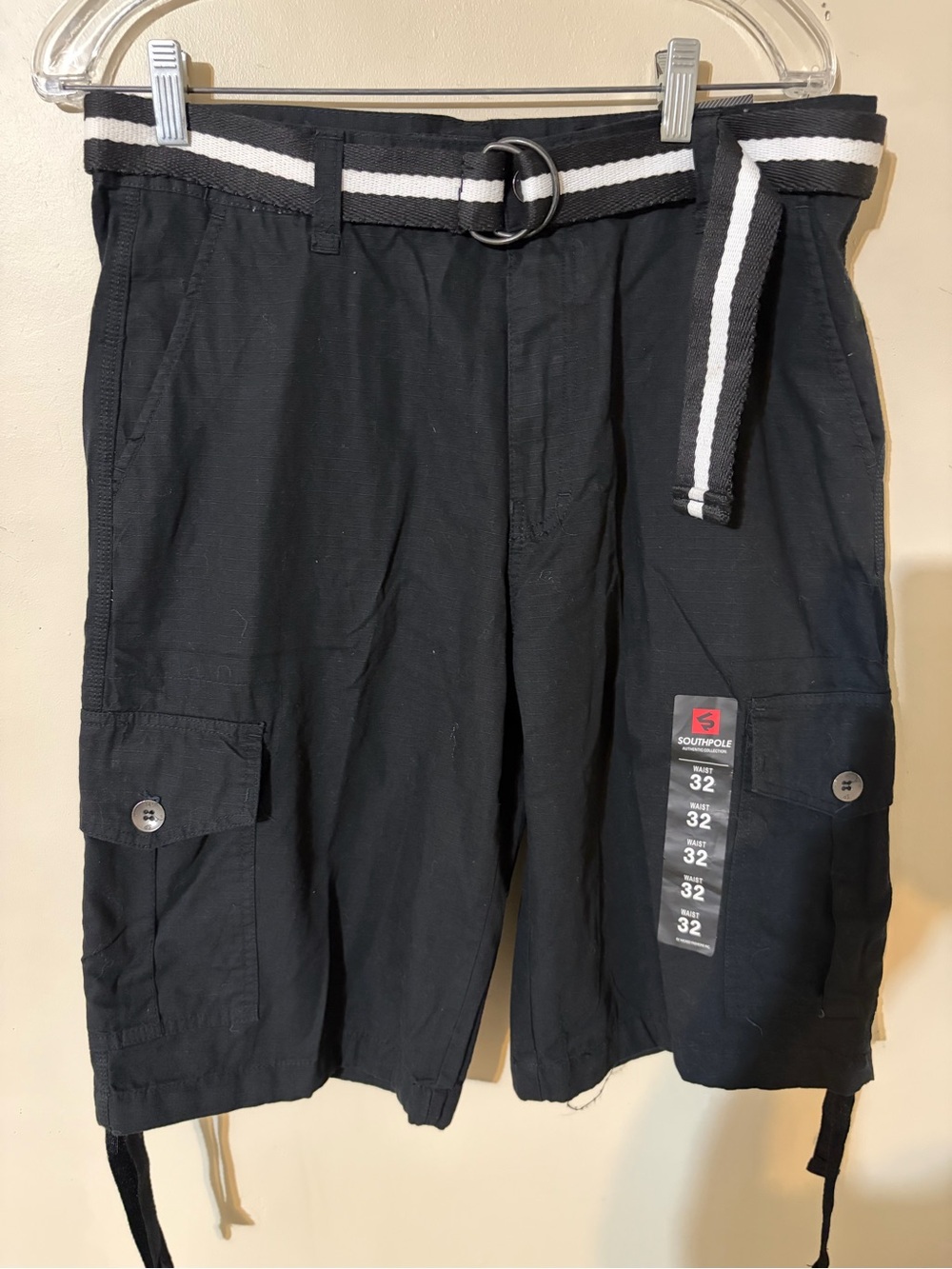 South Pole Black Cargo Shorts with Black and White Stripe Belt - Men NWT